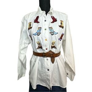 COWGIRL Fun Vintage At Last Brand Button Front White Embroidered Shirt Sz Large